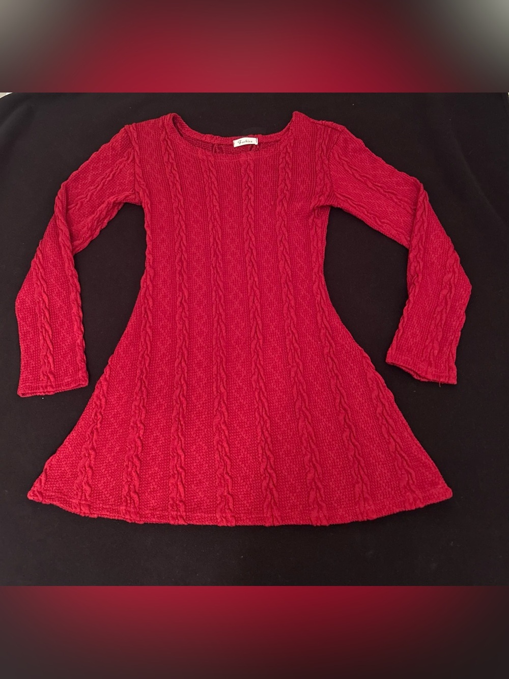 Girls Red Cable-Knit Long Sleeve Dress
